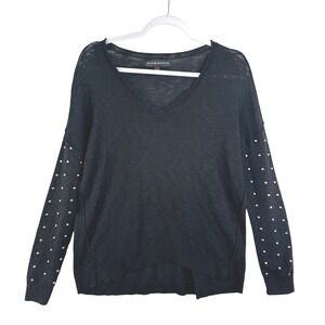 Rock & Republic Womens Black Studded Sleeve V-Neck Lightweight Sweater Medium